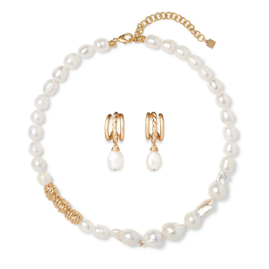 Clearance Cypriot Twist Pearl Necklace and Triple-Hoop Earrings Set Jewelry Sets