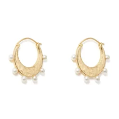 New Hammered Crescent Pearl Hoop Earrings Earrings