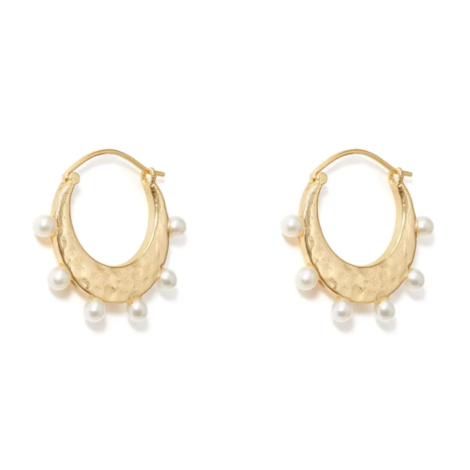 New Hammered Crescent Pearl Hoop Earrings Earrings