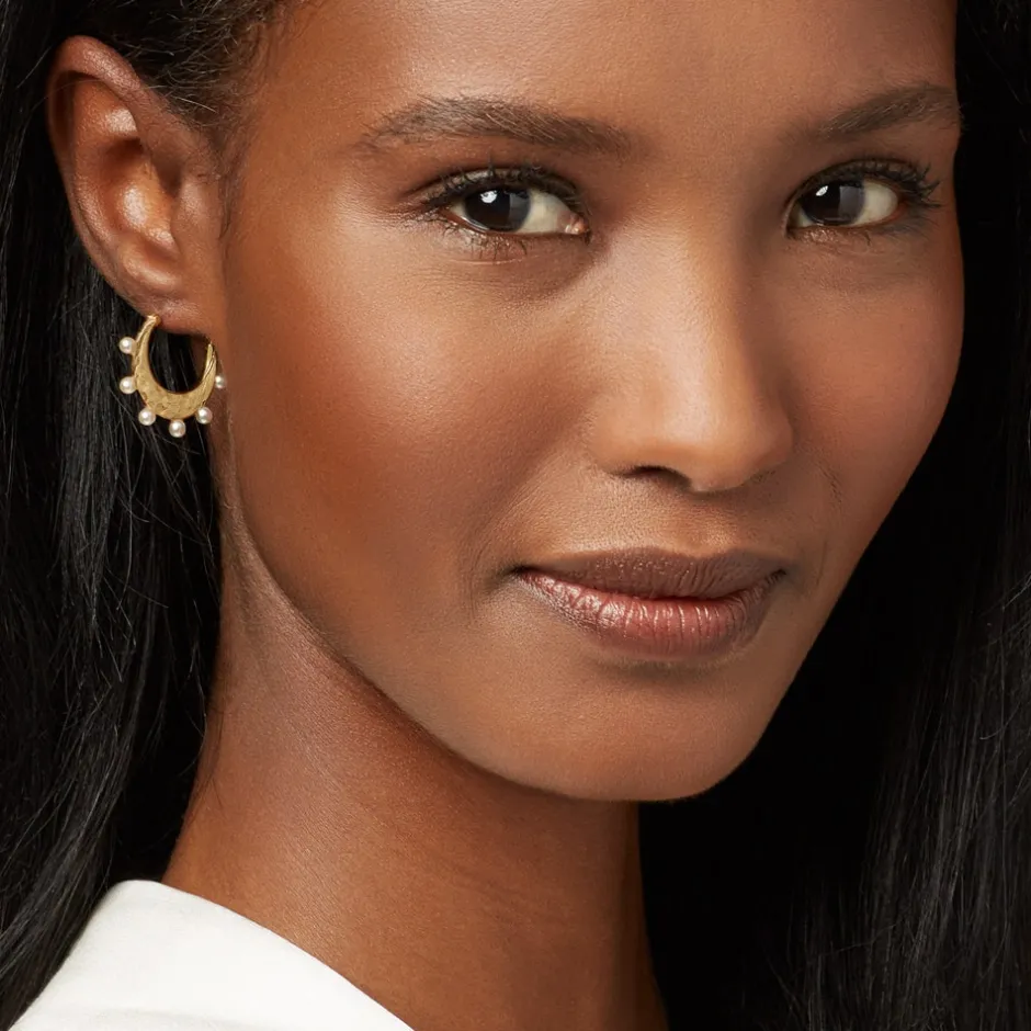 New Hammered Crescent Pearl Hoop Earrings Earrings