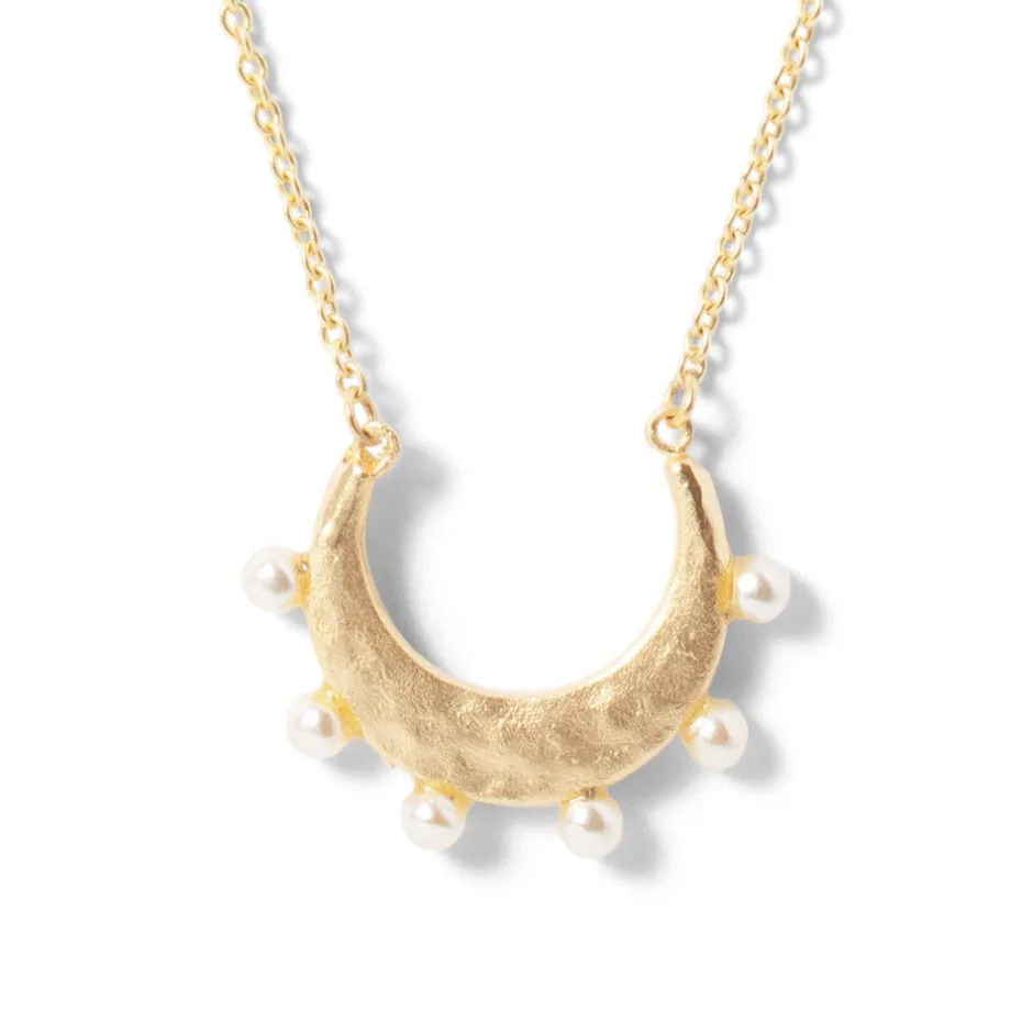 New Hammered Crescent Pearl Pendant Necklace Necklaces