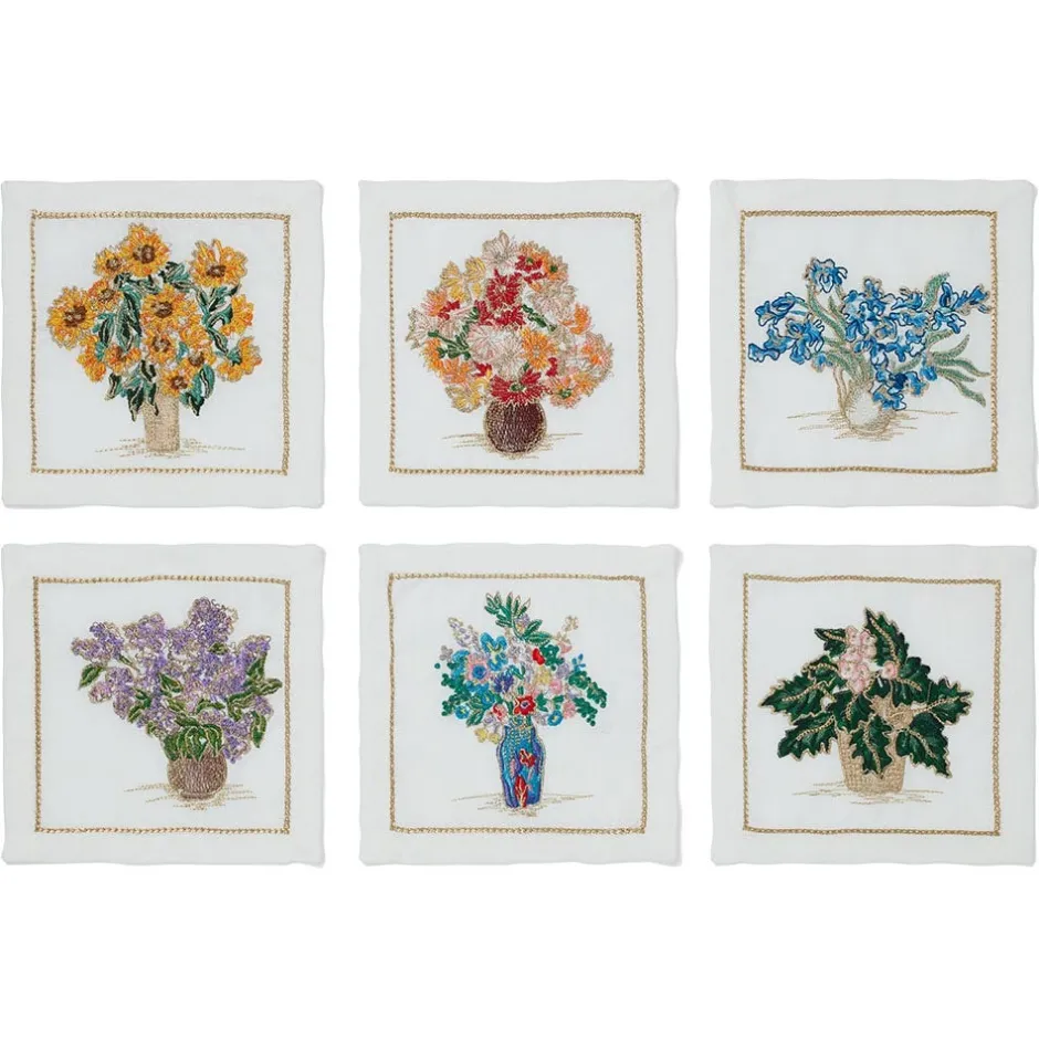 Outlet Kim Seybert Embroidered Bouquets Linen Cocktail Napkin Set Tableware
