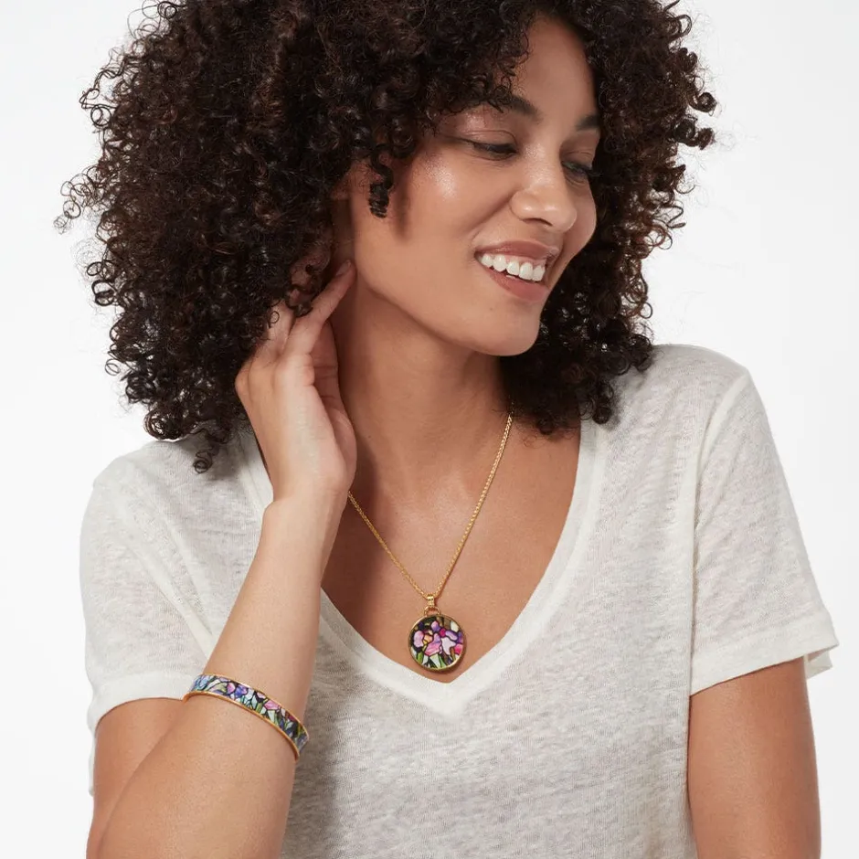 Hot Magnolias and Irises Enamel Pendant Necklace Necklaces