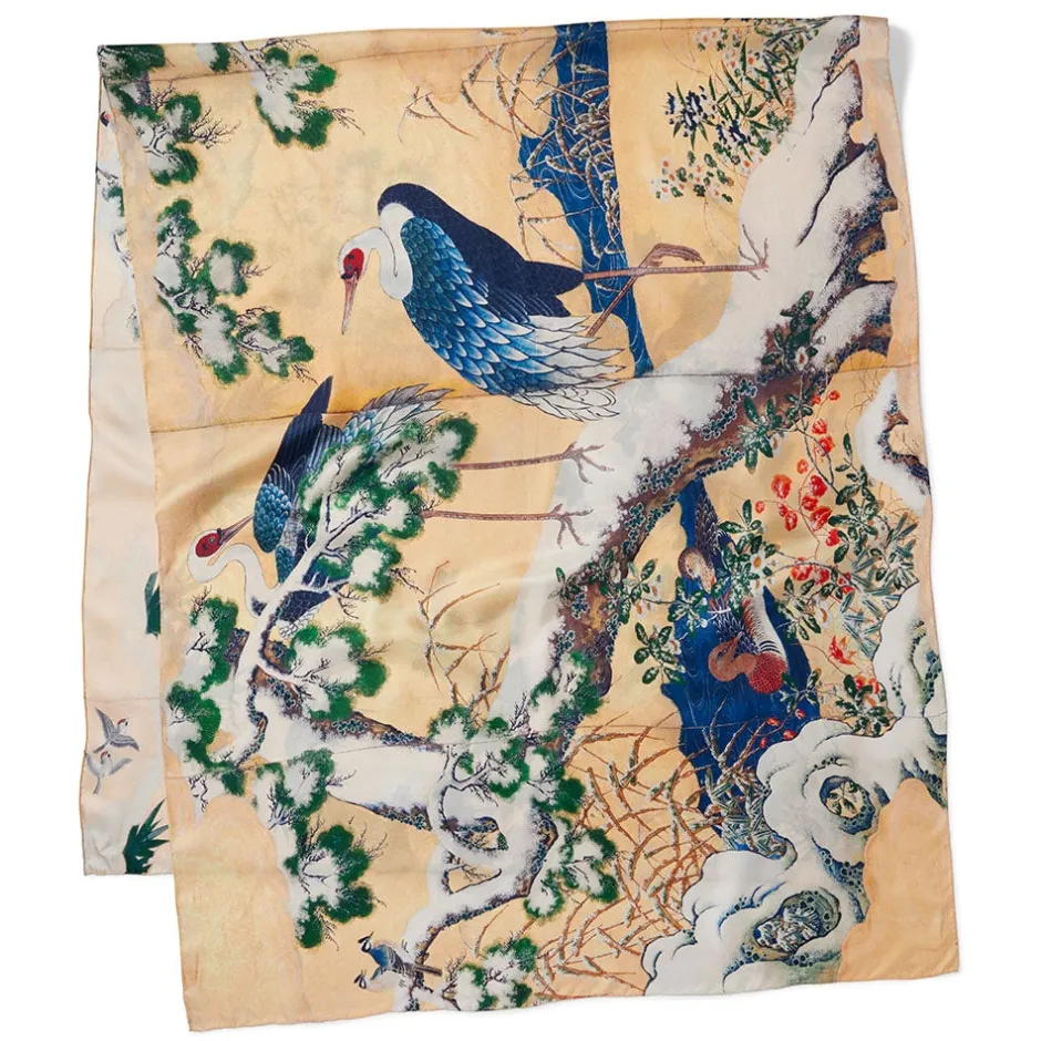 New Momoyama Cranes and Flowers Oversize Silk Shawl Scarves & Wraps