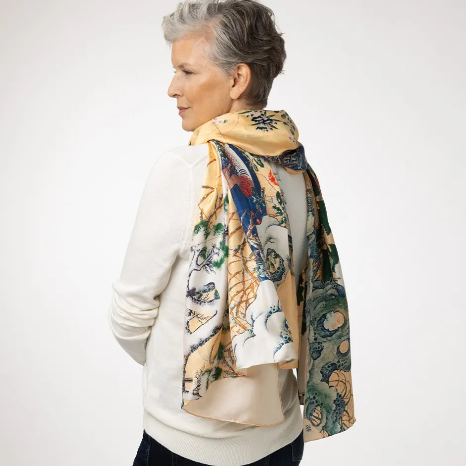 New Momoyama Cranes and Flowers Oversize Silk Shawl Scarves & Wraps