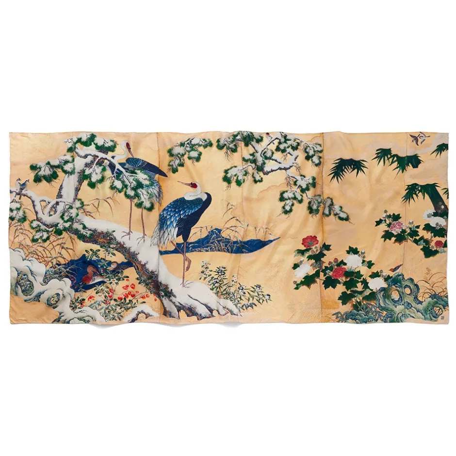 New Momoyama Cranes and Flowers Oversize Silk Shawl Scarves & Wraps