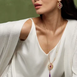 Turkish Amethyst Long Pendant Necklace and Statement Earrings Set Jewelry Sets