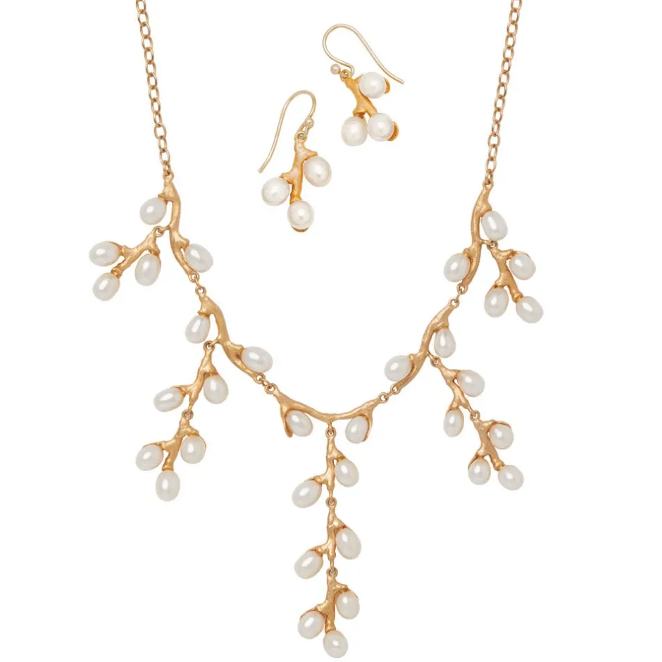 Clearance Willow Catkins Pearl Bib Necklace and Drop Earrings Set Jewelry Sets